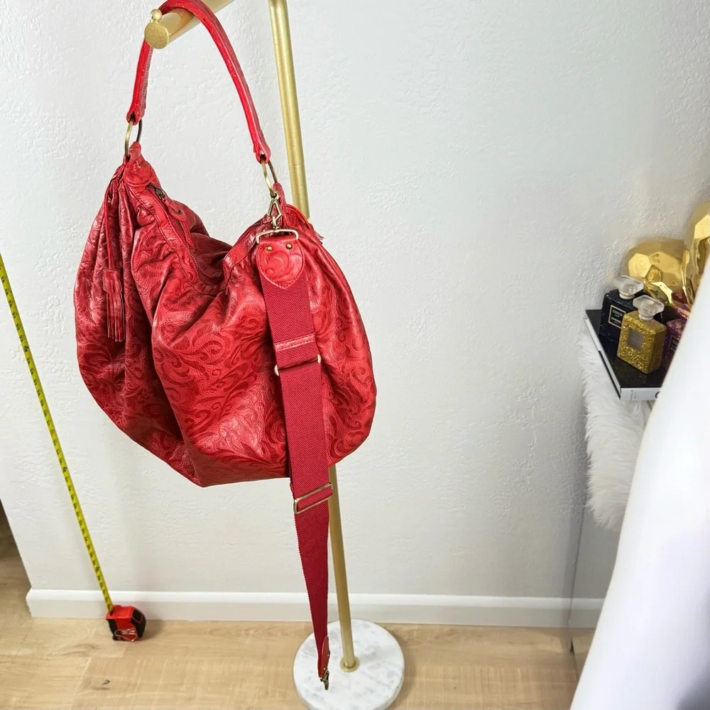 SABINA NEW YORK Red Embossed Leather Hobo Bag Tassels Vintage